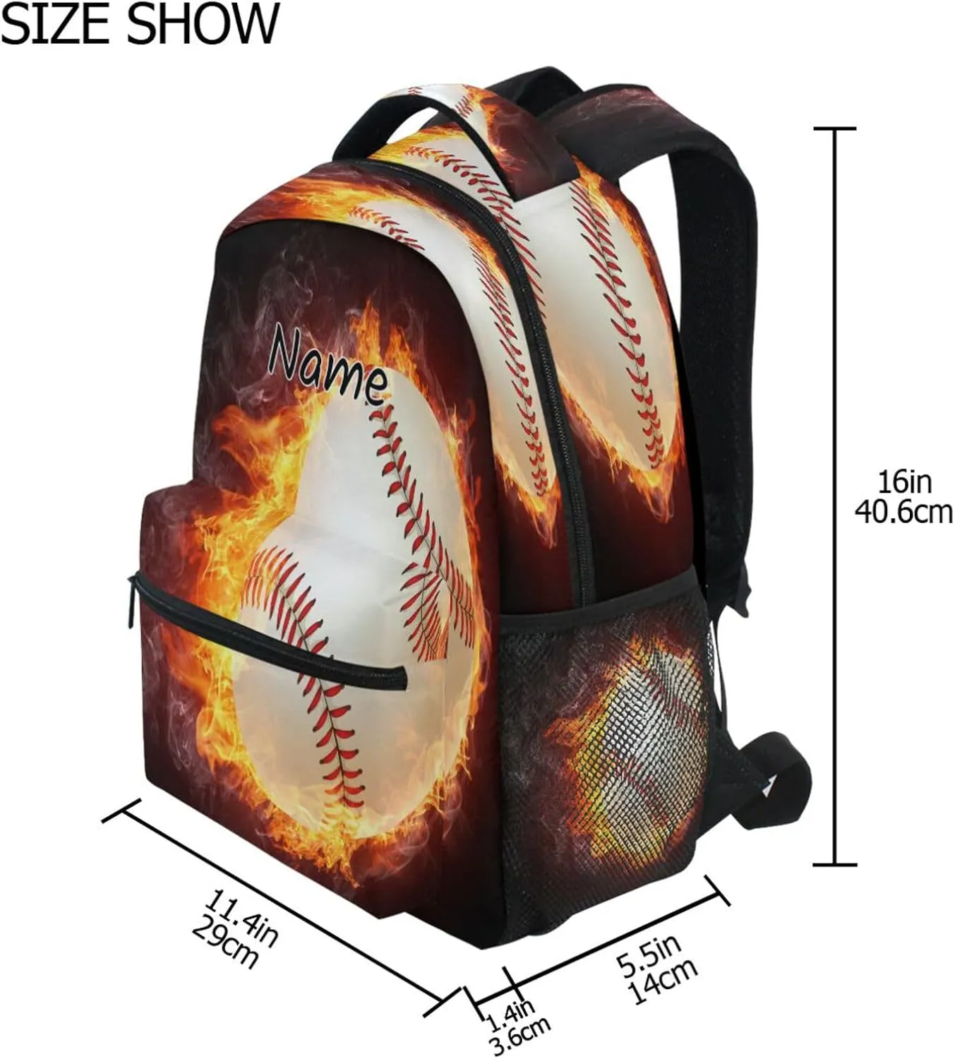 Pfrewn Custom Backpacks Personalized Baseball Ball Enveloped in Fire Bookbag with Name Boys Girls School Backpack 17"