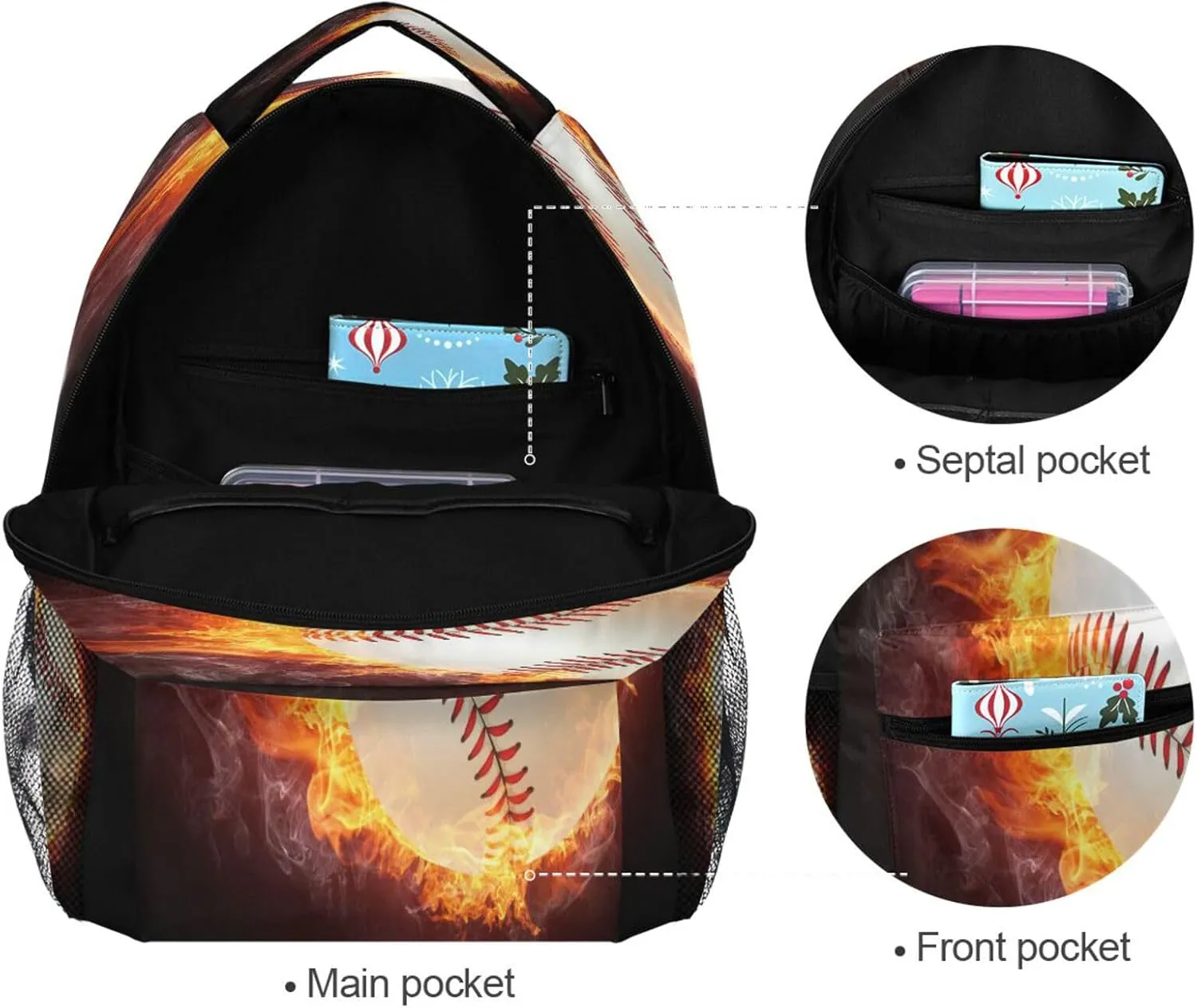 Pfrewn Custom Backpacks Personalized Baseball Ball Enveloped in Fire Bookbag with Name Boys Girls School Backpack 17"