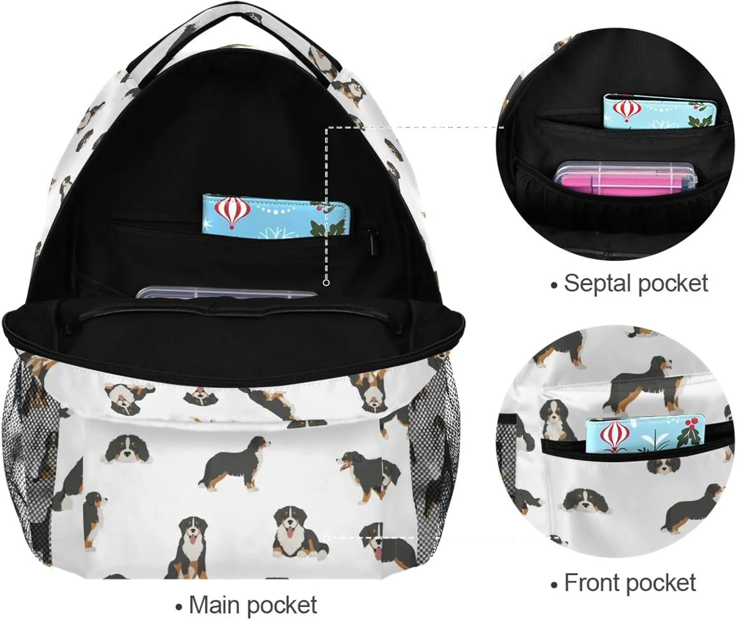 Pfrewn Custom Backpacks Personalized Bernese Mountain Dog Puppy Bookbag with Name Boys Girls School Backpack 16"