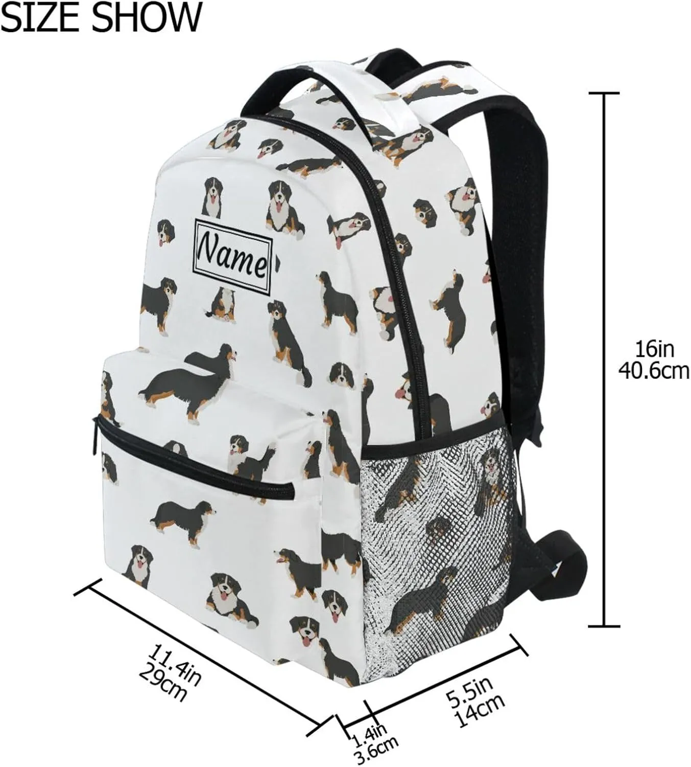Pfrewn Custom Backpacks Personalized Bernese Mountain Dog Puppy Bookbag with Name Boys Girls School Backpack 16"