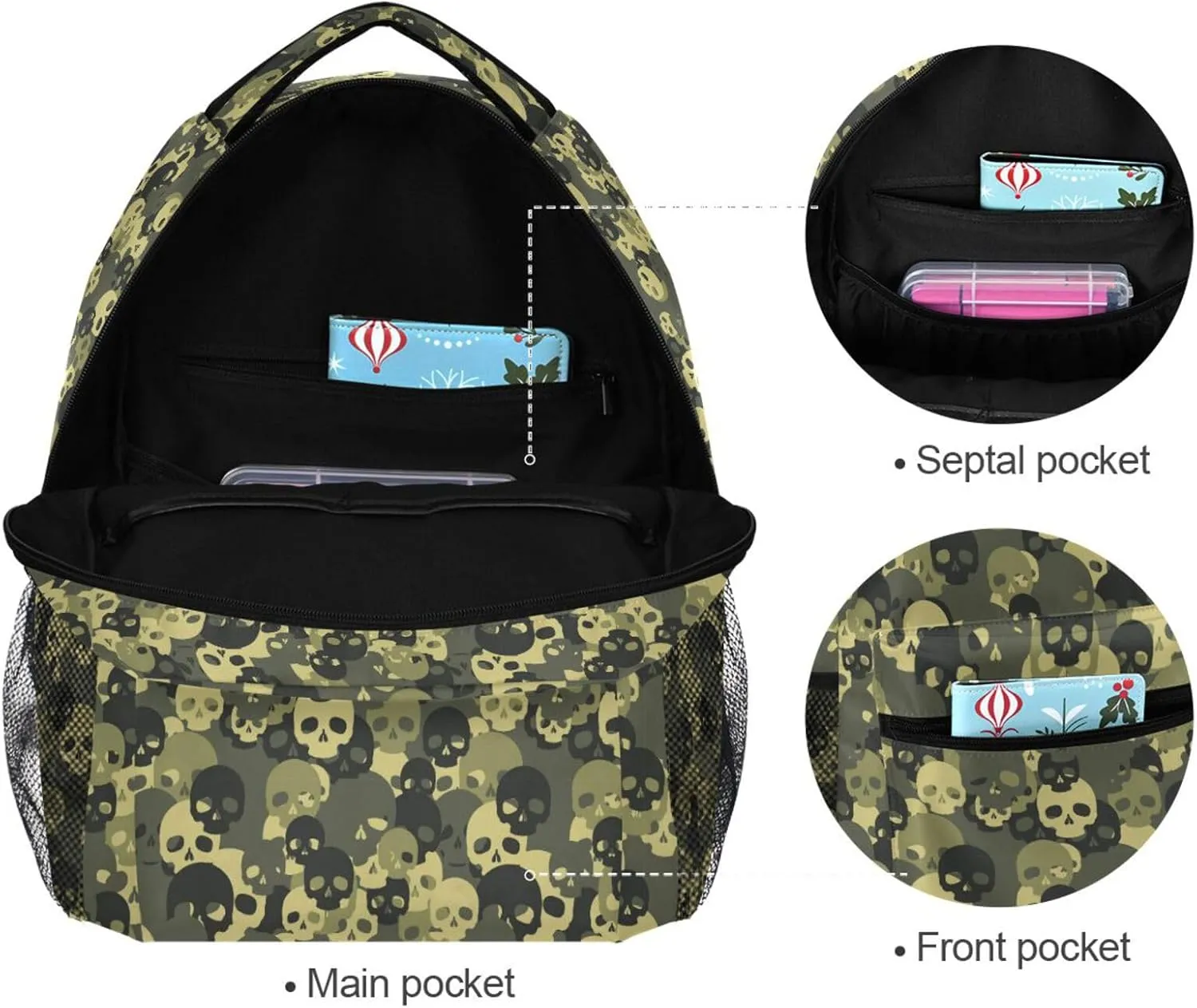Pfrewn Custom Backpacks Personalized Camouflage Skull Bookbag with Name Boys Girls School Backpack 17"