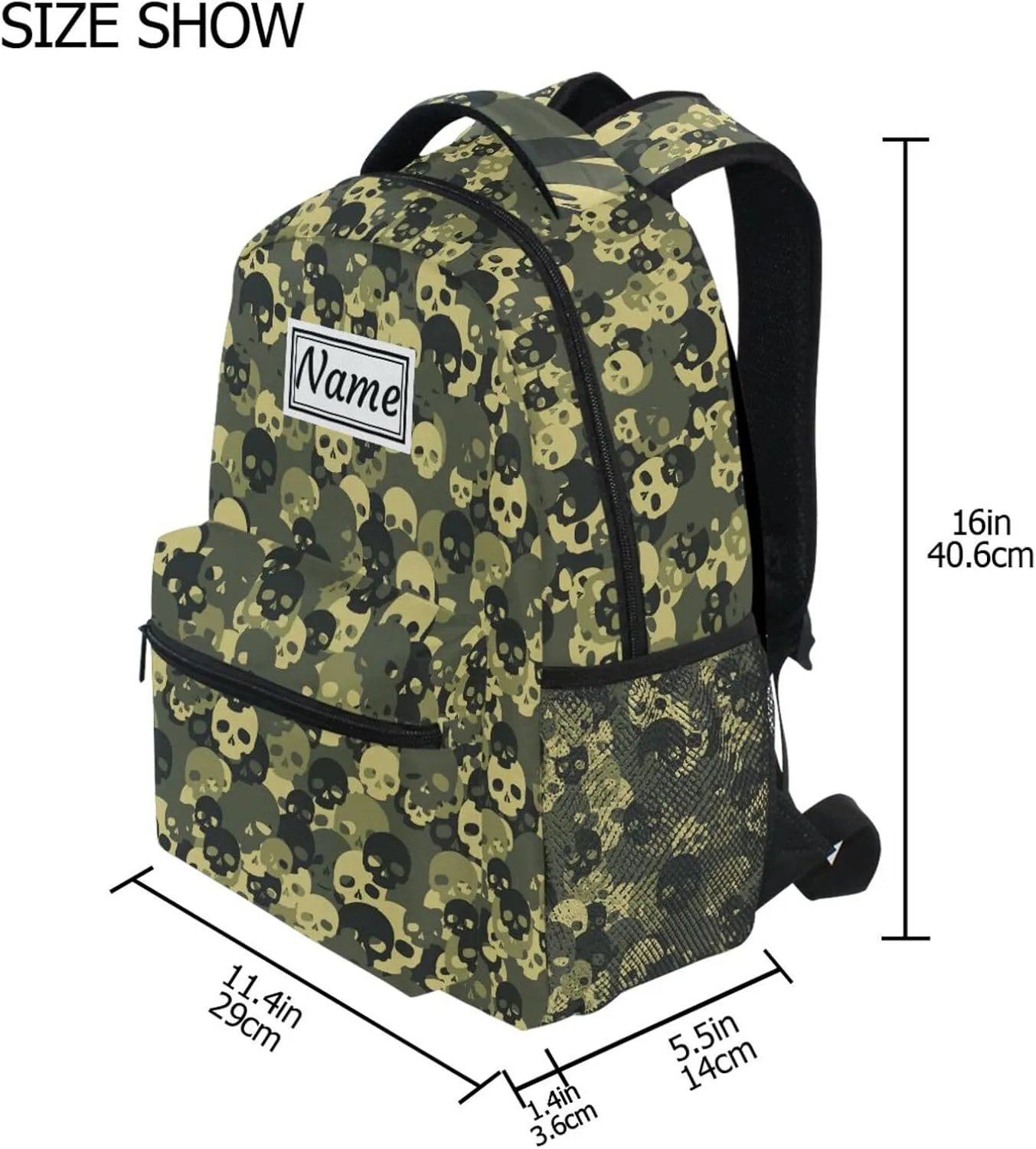 Pfrewn Custom Backpacks Personalized Camouflage Skull Bookbag with Name Boys Girls School Backpack 17"