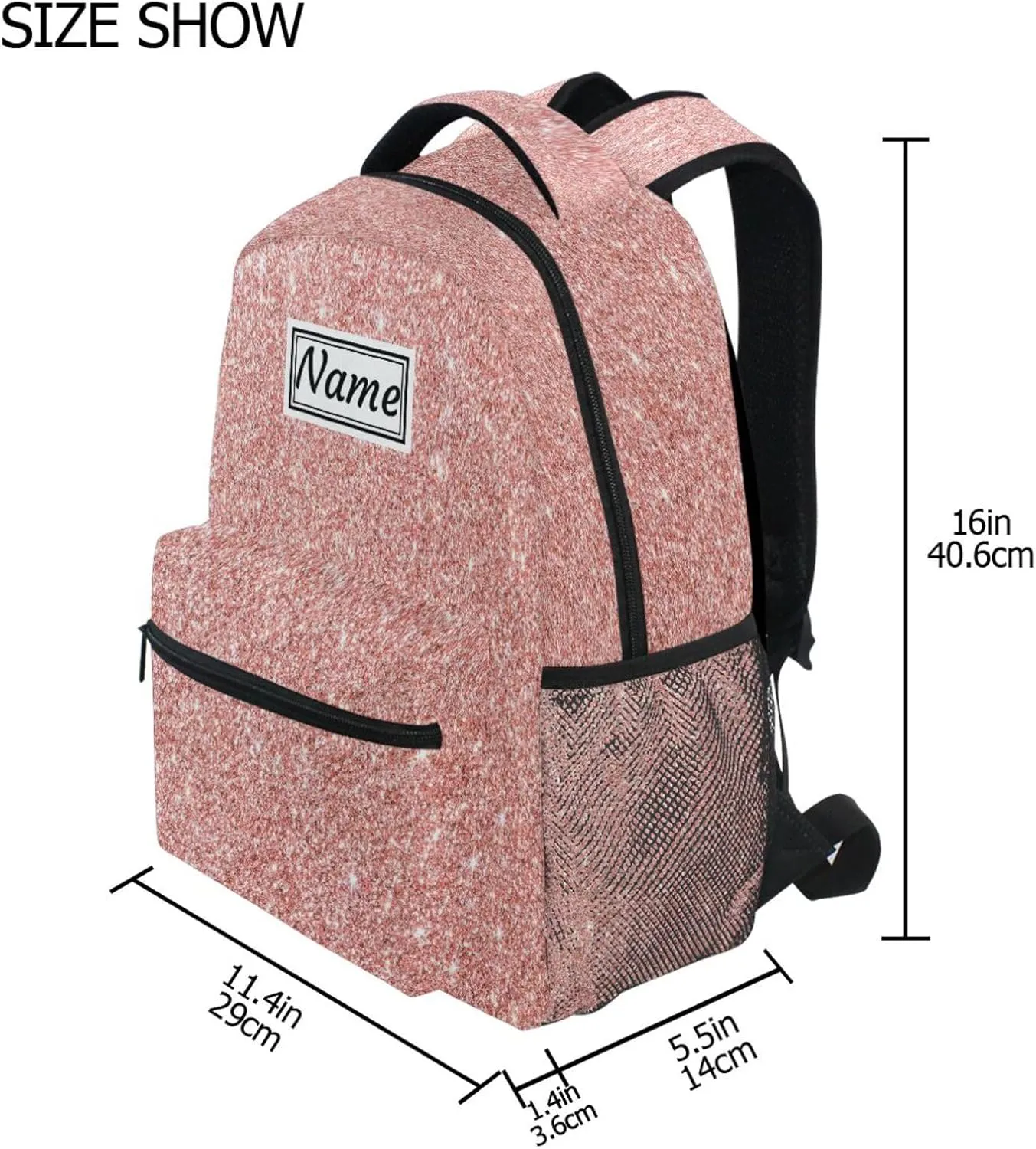 Pfrewn Custom Rose Pink Glitter Backpacks Personalized Bookbag with Name Boys Girls School Backpack 17"