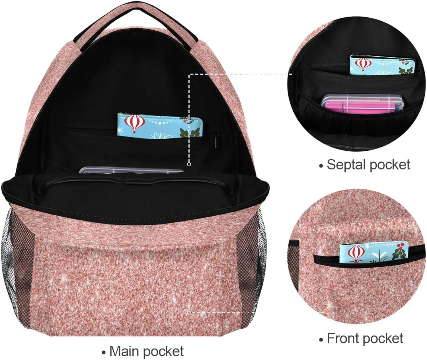 Pfrewn Custom Rose Pink Glitter Backpacks Personalized Bookbag with Name Boys Girls School Backpack 17"