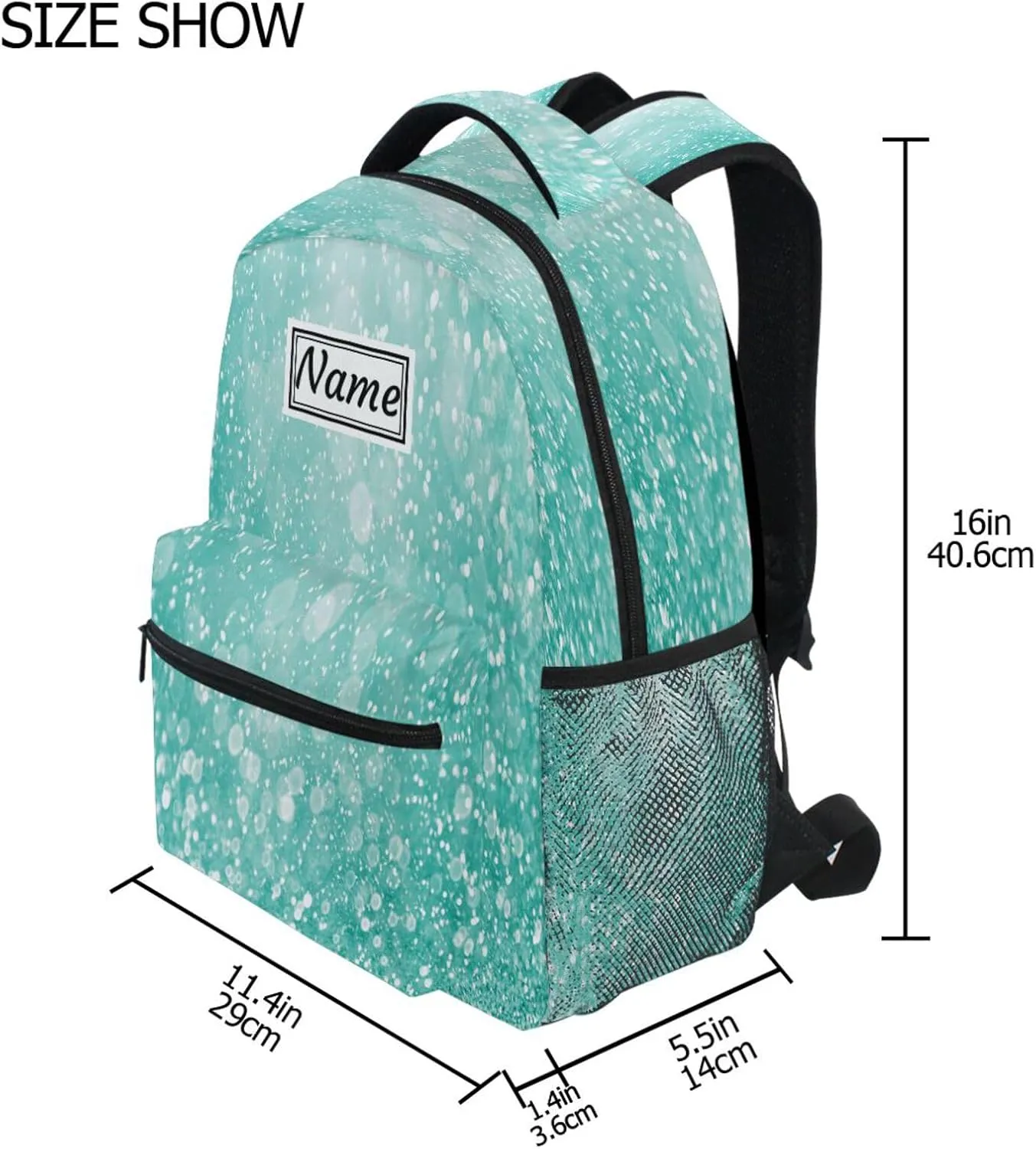 Pfrewn Custom Teal Green Glitter Sparkle Backpacks Personalized Bookbag with Name Boys Girls School Backpack 17"