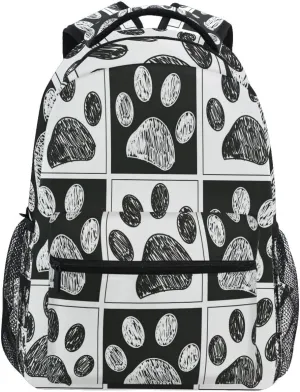 Pfrewn Doodle Black White Cat Dog Paws Print Backpacks for Girls Boys Animals School Backpack Bookbags for Kids Students 16"