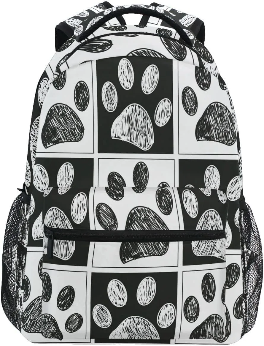 Pfrewn Doodle Black White Cat Dog Paws Print Backpacks for Girls Boys Animals School Backpack Bookbags for Kids Students 16"