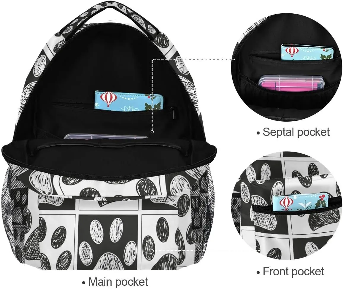 Pfrewn Doodle Black White Cat Dog Paws Print Backpacks for Girls Boys Animals School Backpack Bookbags for Kids Students 16"