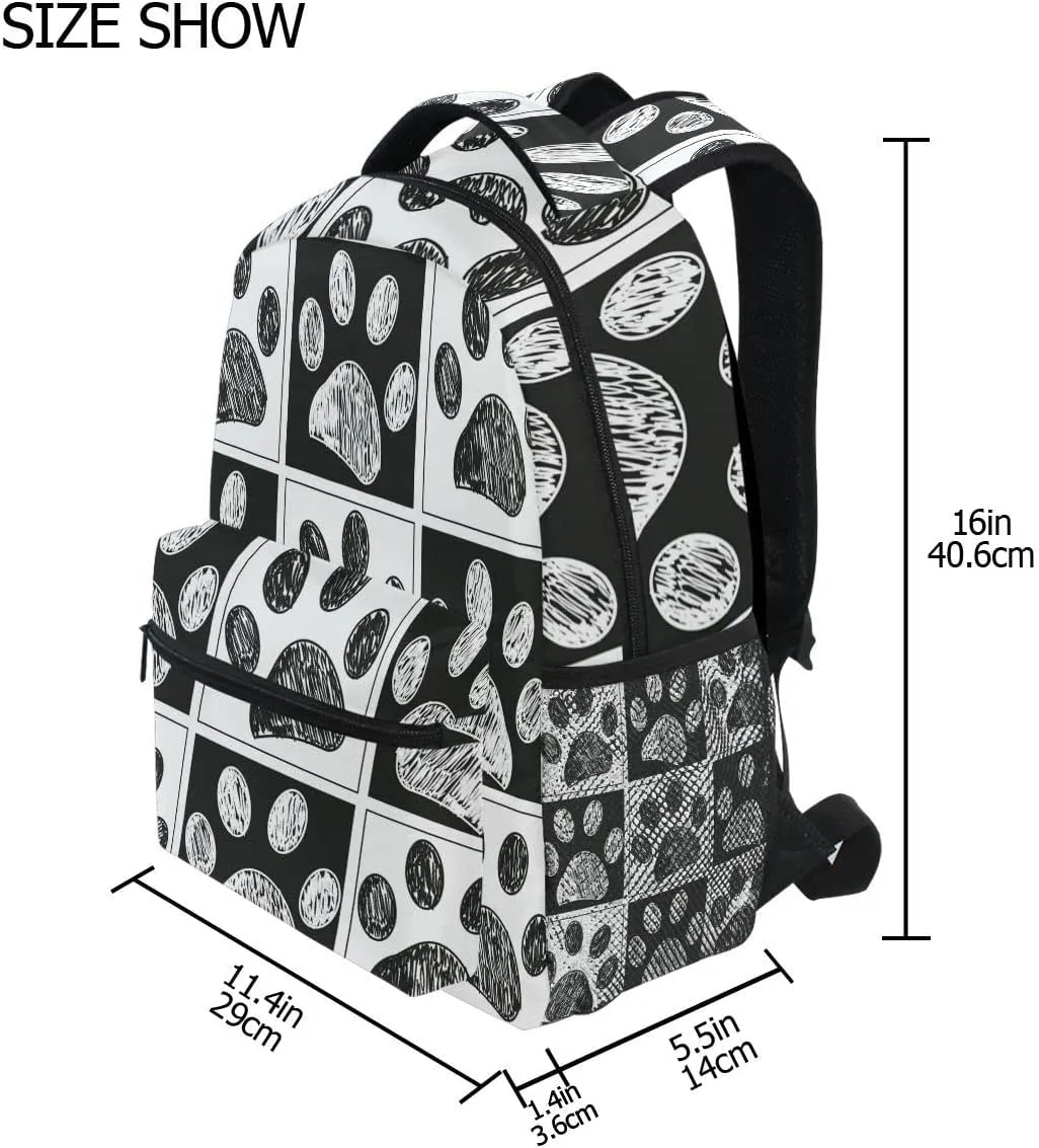 Pfrewn Doodle Black White Cat Dog Paws Print Backpacks for Girls Boys Animals School Backpack Bookbags for Kids Students 16"
