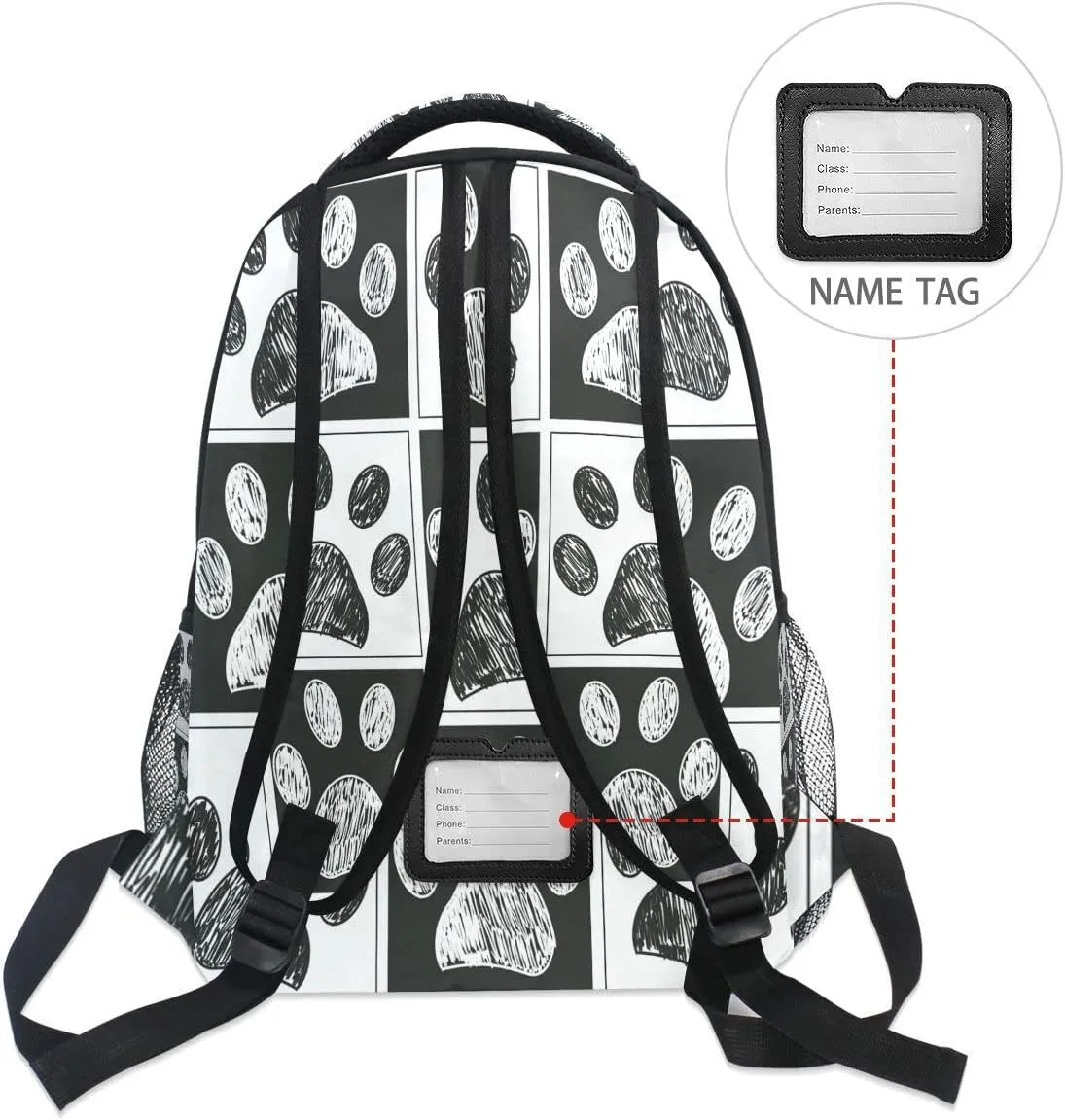 Pfrewn Doodle Black White Cat Dog Paws Print Backpacks for Girls Boys Animals School Backpack Bookbags for Kids Students 16"