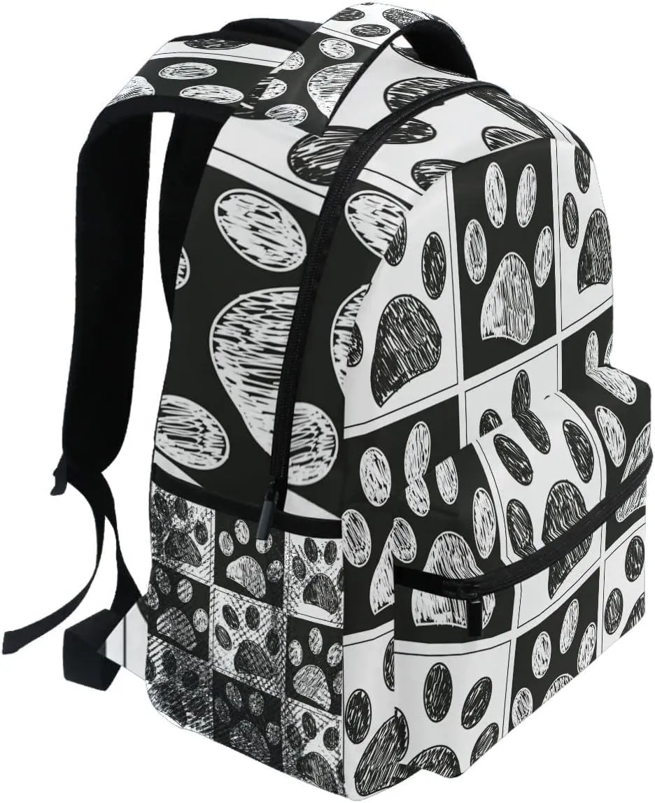 Pfrewn Doodle Black White Cat Dog Paws Print Backpacks for Girls Boys Animals School Backpack Bookbags for Kids Students 16"