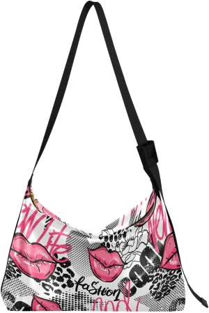 Pink Lips Cool Hobo Crossbody Bags for Women Leather Large Shoulder Bag Cross Body Modern Cute Valentine Trendy Womens Tote Bags Handbag for Travel Shopping
