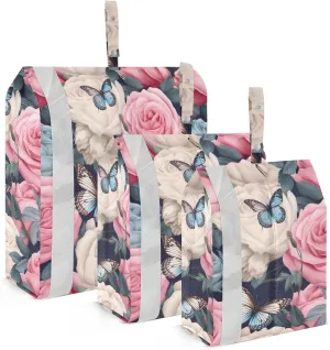 Pink Roses Blue Butterflies Packing Cubes for Travel 3 Set Compression Bags Suitcase Organizer Bags Set for Travel Compression