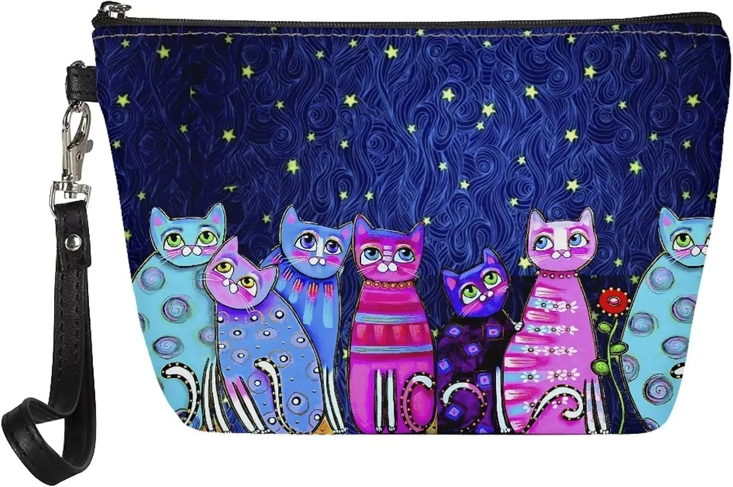 Poceacles Colorful Cats Print Small Makeup Bag for Purse for Women Cute Cosmetic Bag Large Capacity PU Leather Makeup Bags Travel Toiletry Bag Organizer Pouch with Wrist Strap