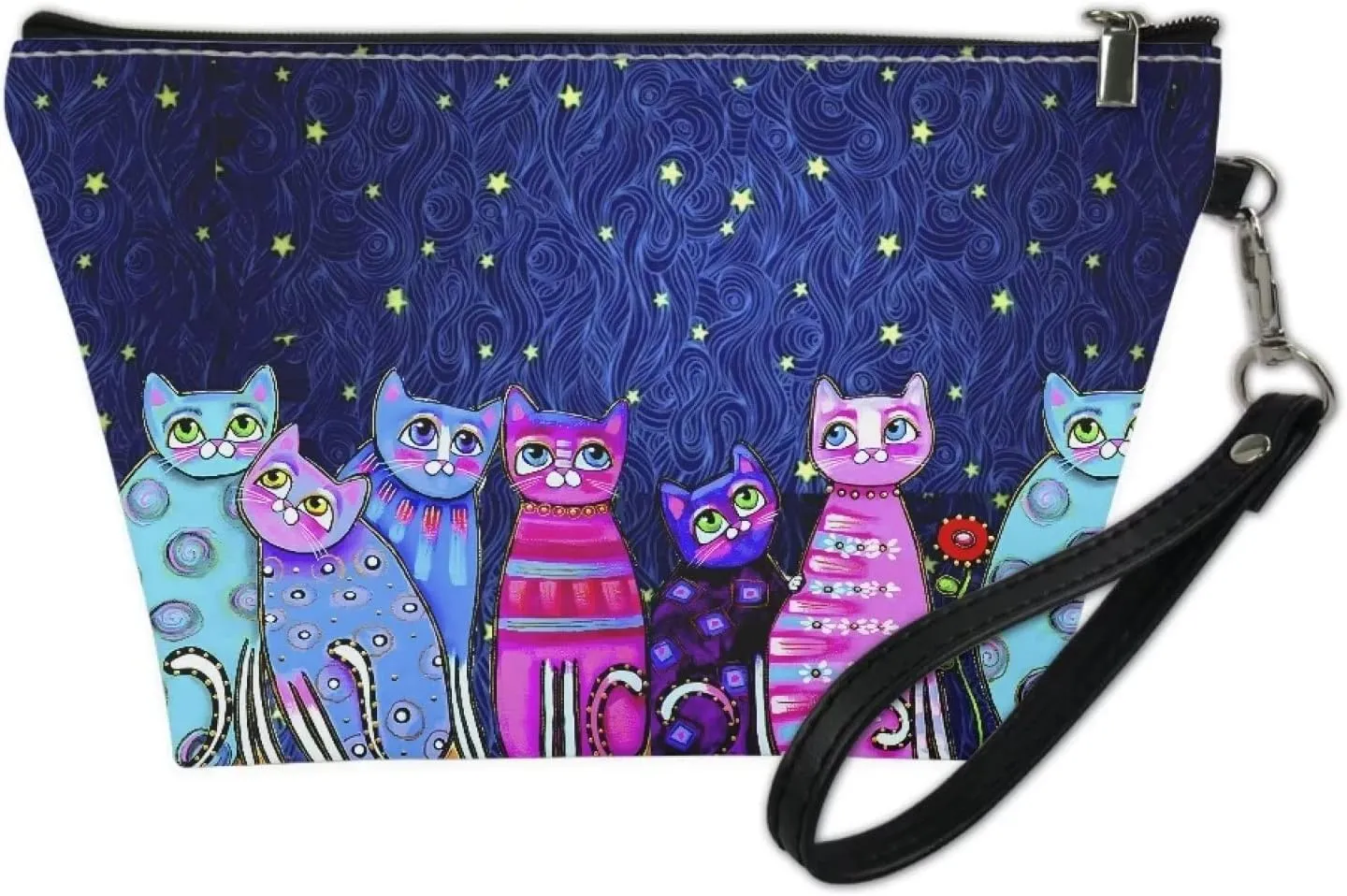 Poceacles Colorful Cats Print Small Makeup Bag for Purse for Women Cute Cosmetic Bag Large Capacity PU Leather Makeup Bags Travel Toiletry Bag Organizer Pouch with Wrist Strap