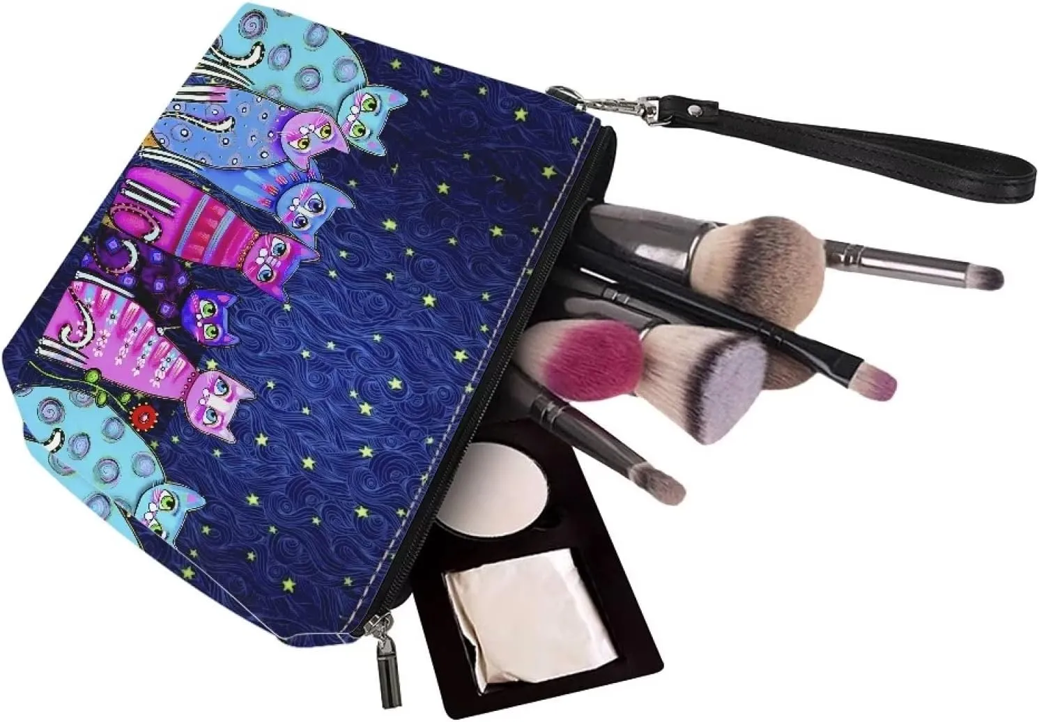 Poceacles Colorful Cats Print Small Makeup Bag for Purse for Women Cute Cosmetic Bag Large Capacity PU Leather Makeup Bags Travel Toiletry Bag Organizer Pouch with Wrist Strap