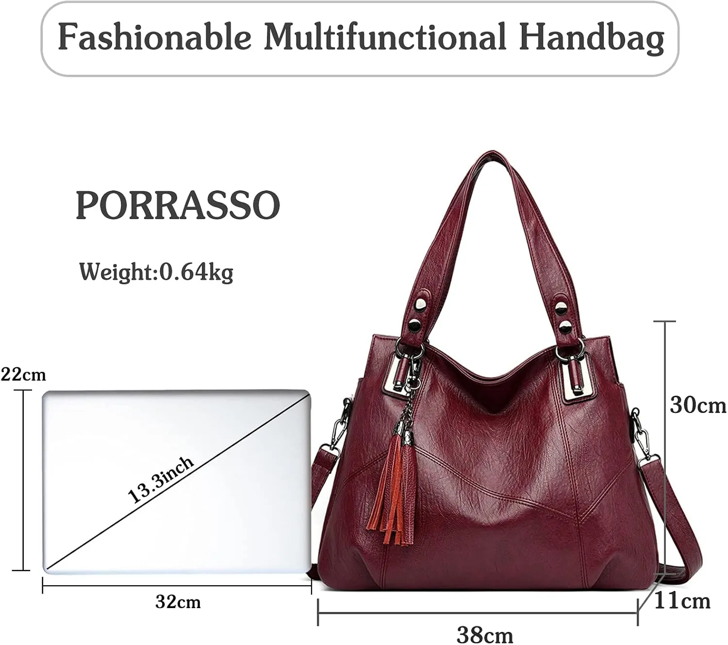 PORRASSO Women Handbags Fashion Hobo Shoulder Bag Ladies Crossbody Bag Large Tote Purse