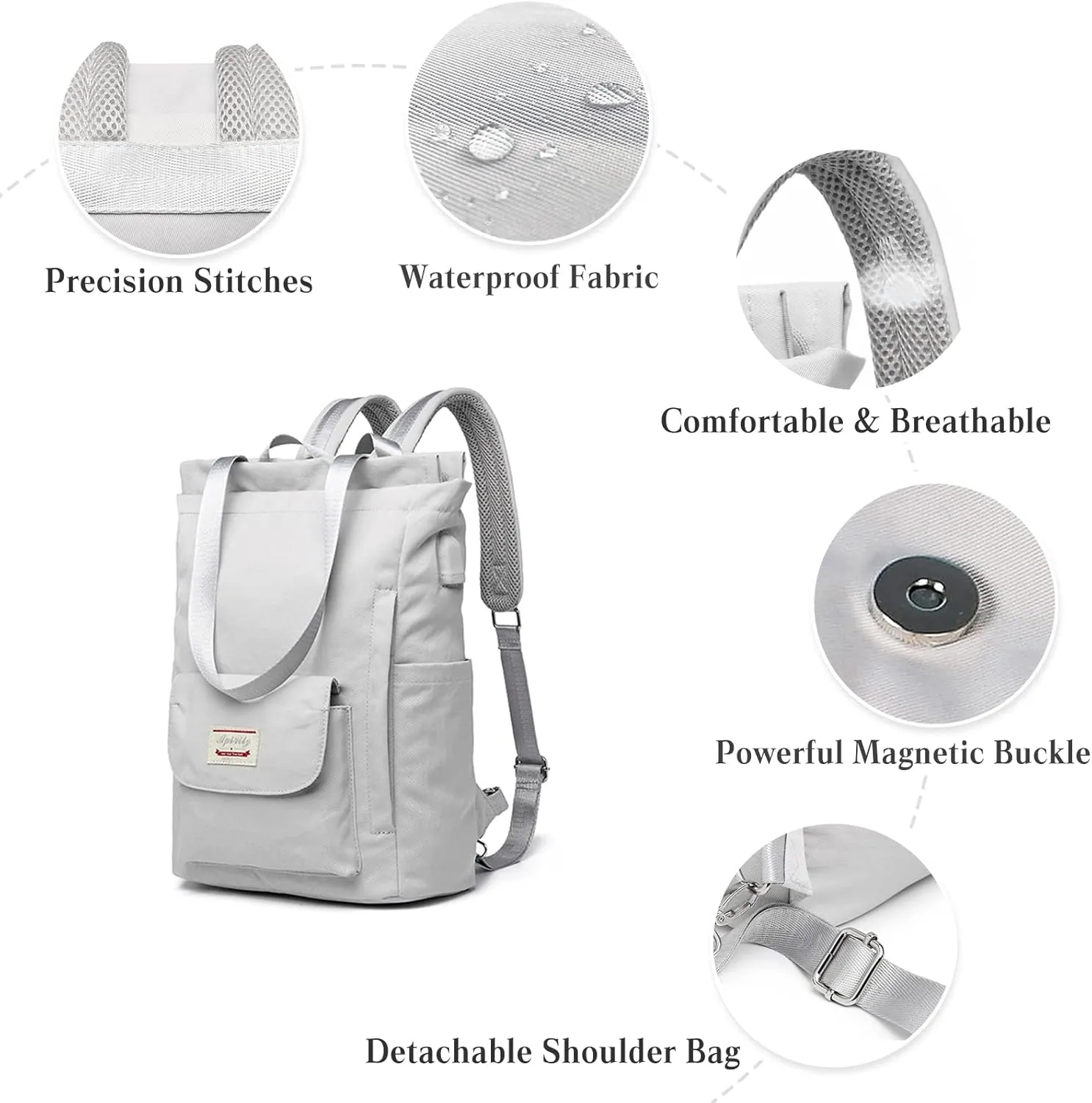 PORRASSO Women Laptop Backpack Casual Shoulder Bag with USB Charging Port Luggage Strap for 14 Inch Laptop Daypack Work Travel Rucksack Grey