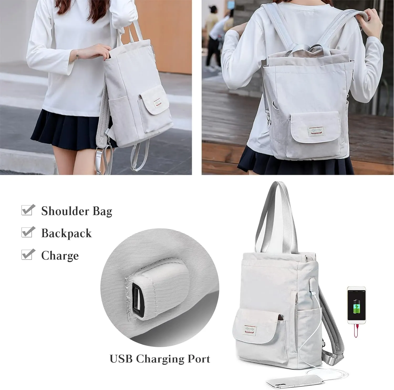 PORRASSO Women Laptop Backpack Casual Shoulder Bag with USB Charging Port Luggage Strap for 14 Inch Laptop Daypack Work Travel Rucksack Grey