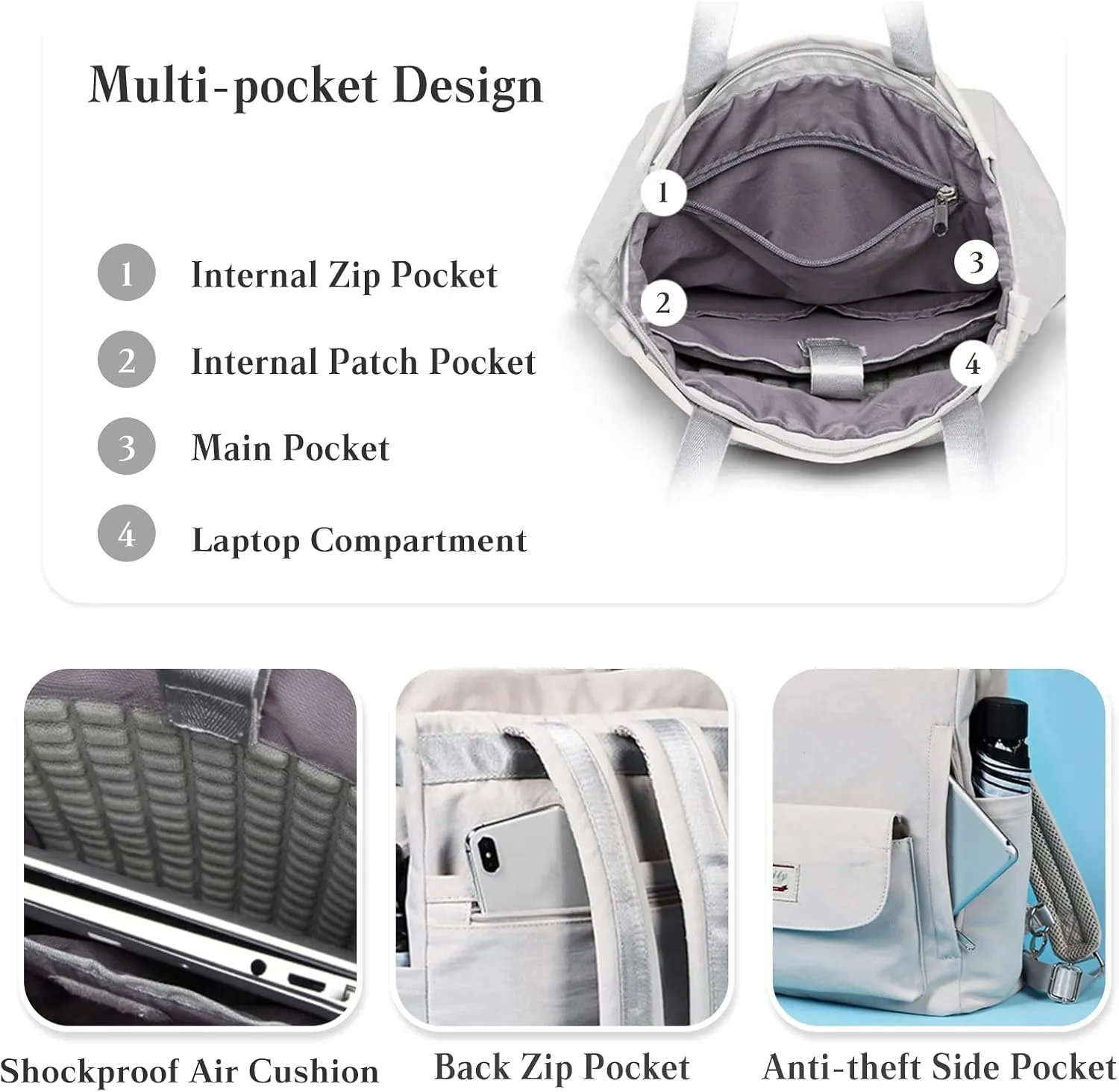 PORRASSO Women Laptop Backpack Casual Shoulder Bag with USB Charging Port Luggage Strap for 14 Inch Laptop Daypack Work Travel Rucksack Grey