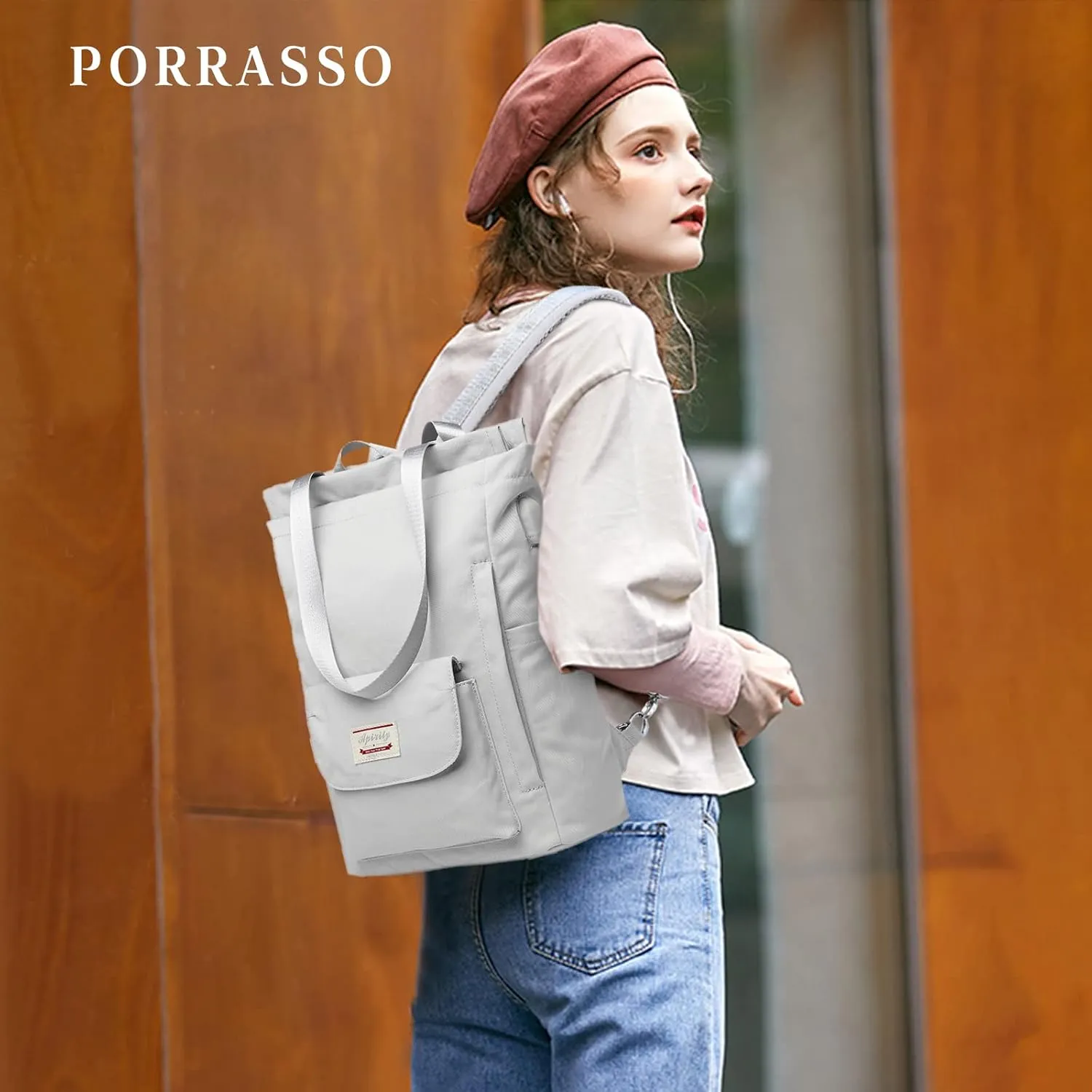 PORRASSO Women Laptop Backpack Casual Shoulder Bag with USB Charging Port Luggage Strap for 14 Inch Laptop Daypack Work Travel Rucksack Grey