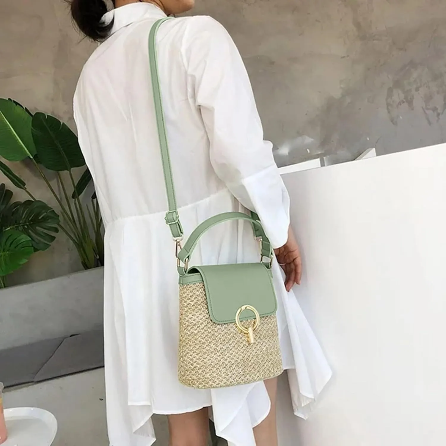 Pouch Purse Shoulder Handbag Straw Weave Women Ladies Bucket Handbags Summer Beach Shoulder Bags