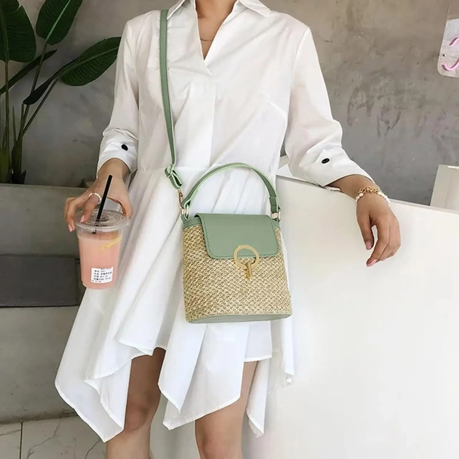 Pouch Purse Shoulder Handbag Straw Weave Women Ladies Bucket Handbags Summer Beach Shoulder Bags