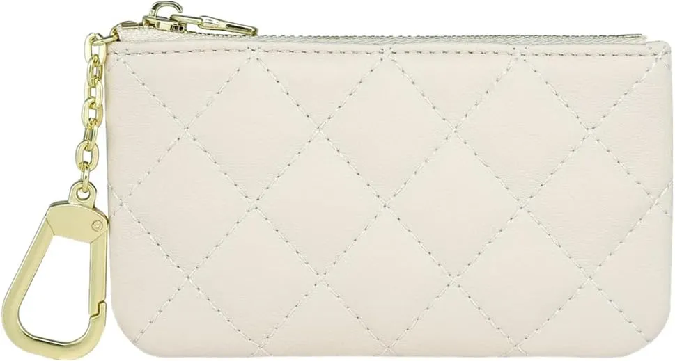 Premium Genuine Full Grain Leather Mini Coin Purse Keychain Pouch Card Holder for Men Women (Beige Quilted - LG)