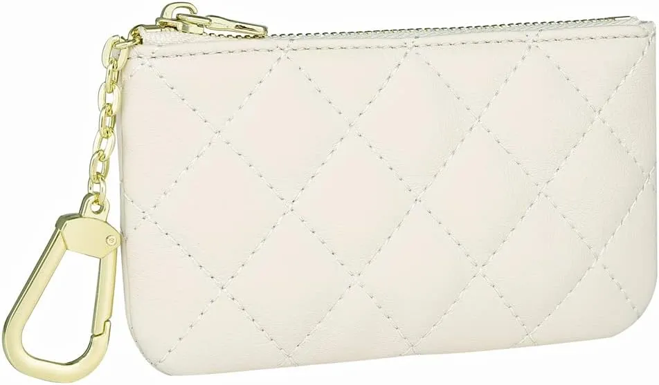 Premium Genuine Full Grain Leather Mini Coin Purse Keychain Pouch Card Holder for Men Women (Beige Quilted - LG)