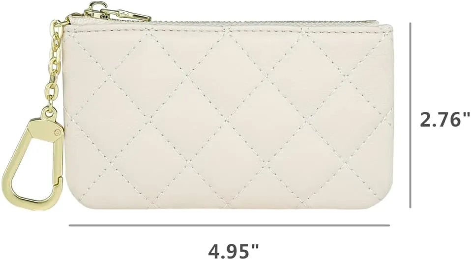 Premium Genuine Full Grain Leather Mini Coin Purse Keychain Pouch Card Holder for Men Women (Beige Quilted - LG)