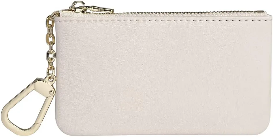Premium Genuine Full Grain Leather Mini Coin Purse Keychain Pouch Card Holder for Men Women (Beige)