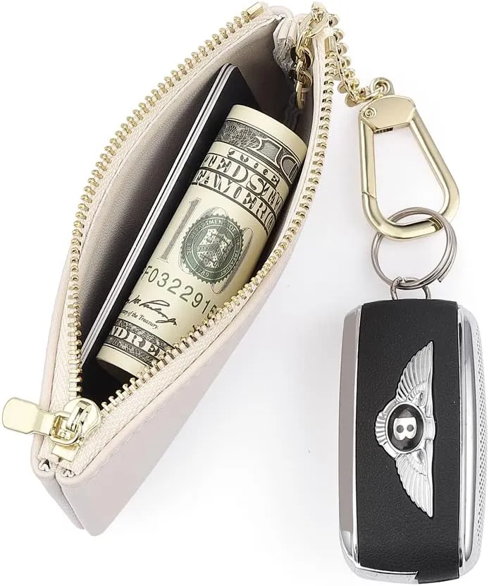 Premium Genuine Full Grain Leather Mini Coin Purse Keychain Pouch Card Holder for Men Women (Beige)