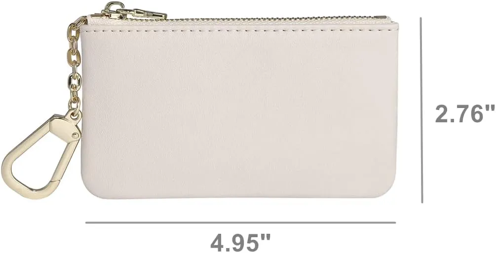 Premium Genuine Full Grain Leather Mini Coin Purse Keychain Pouch Card Holder for Men Women (Beige)