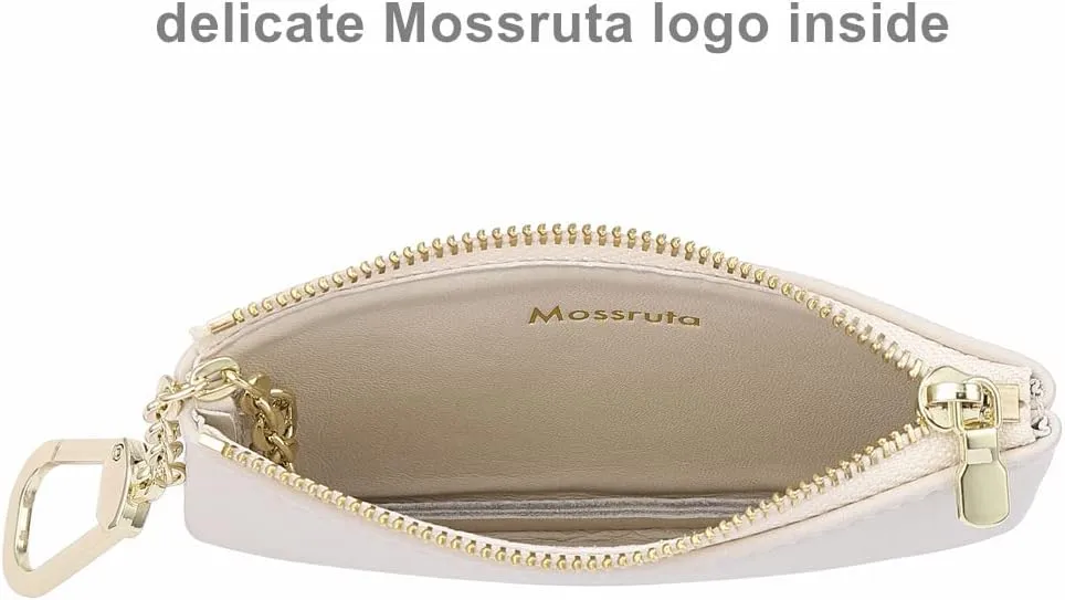 Premium Genuine Full Grain Leather Mini Coin Purse Keychain Pouch Card Holder for Men Women (Beige)