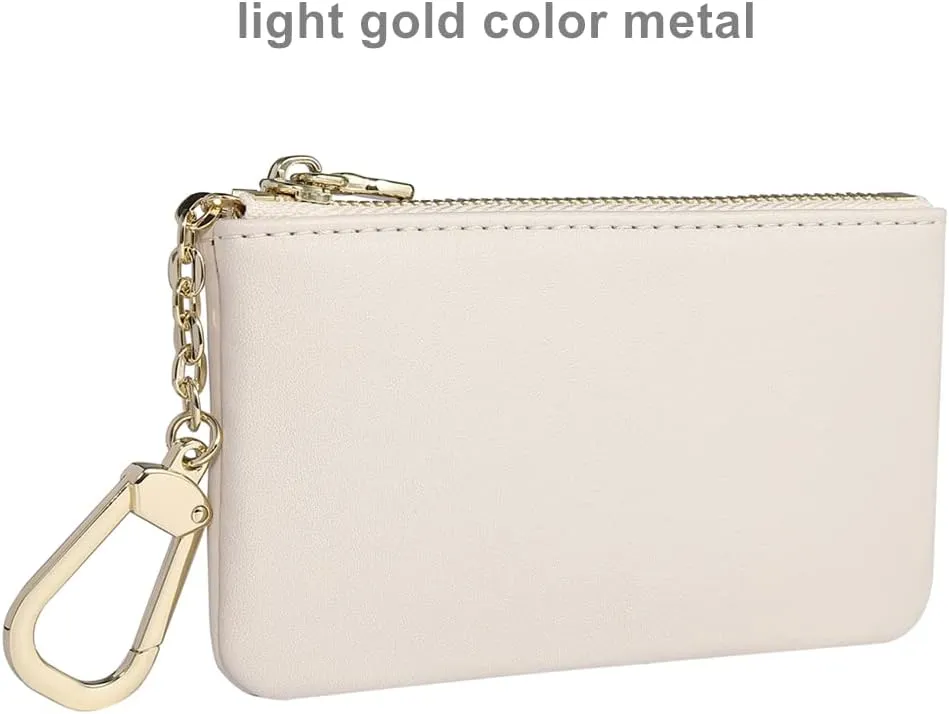 Premium Genuine Full Grain Leather Mini Coin Purse Keychain Pouch Card Holder for Men Women (Beige)