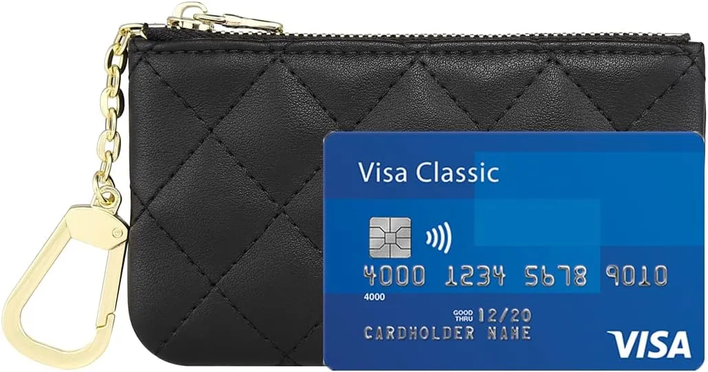 Premium Genuine Full Grain Leather Mini Coin Purse Keychain Pouch Card Holder for Men Women (Black Quilted - LG)