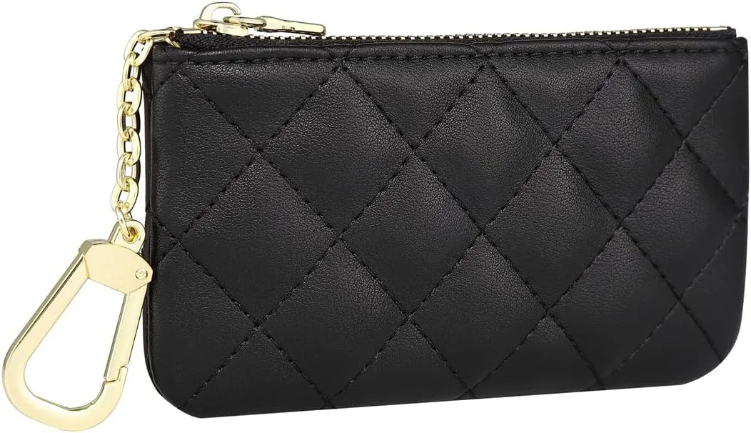 Premium Genuine Full Grain Leather Mini Coin Purse Keychain Pouch Card Holder for Men Women (Black Quilted - LG)
