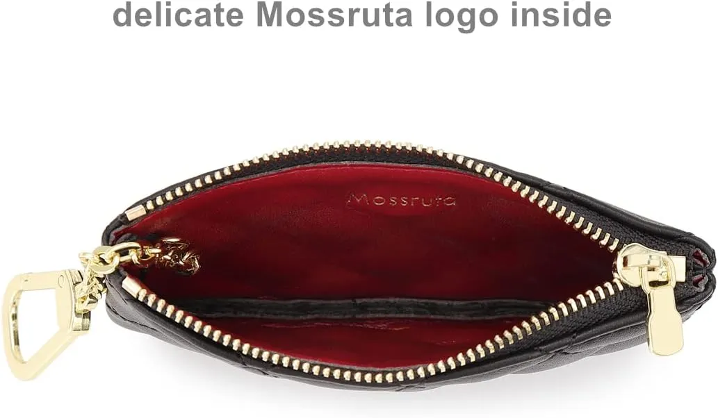 Premium Genuine Full Grain Leather Mini Coin Purse Keychain Pouch Card Holder for Men Women (Black Quilted - LG)