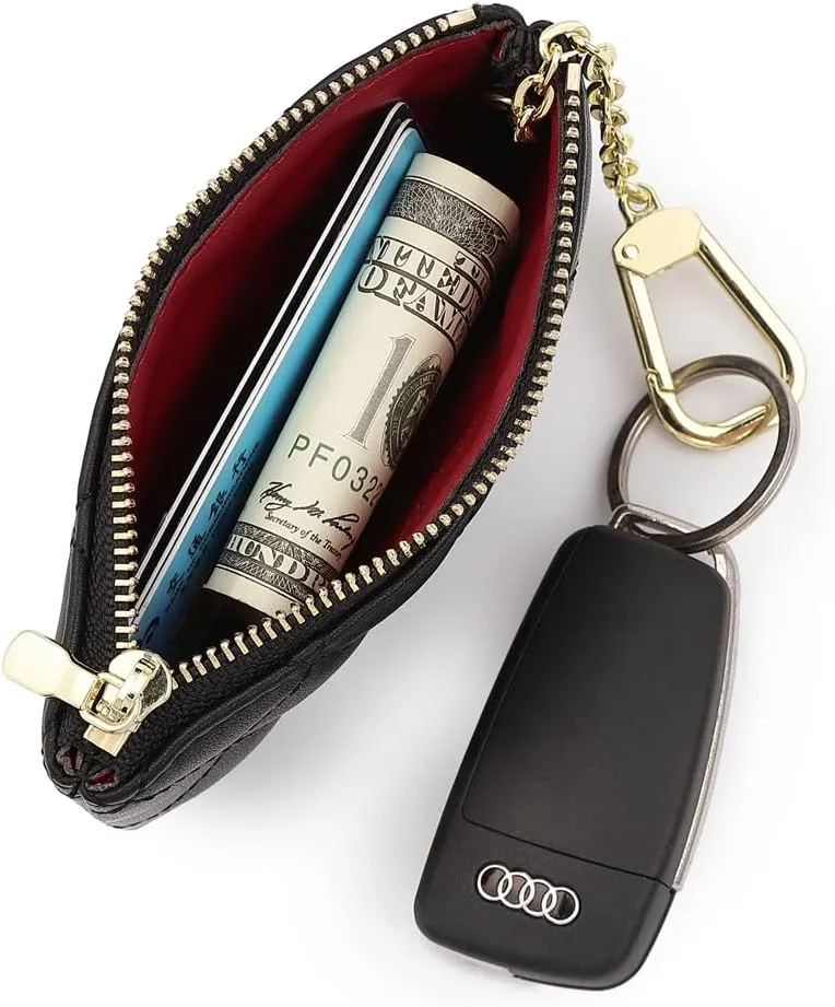 Premium Genuine Full Grain Leather Mini Coin Purse Keychain Pouch Card Holder for Men Women (Black Quilted - LG)