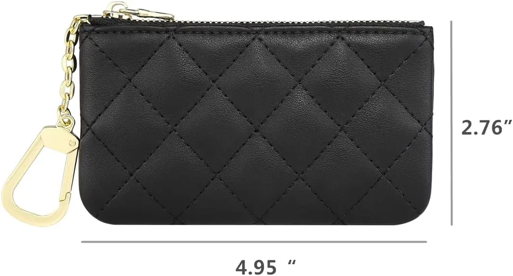 Premium Genuine Full Grain Leather Mini Coin Purse Keychain Pouch Card Holder for Men Women (Black Quilted - LG)