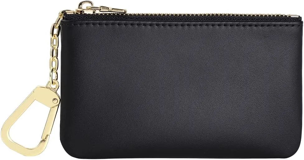 Premium Genuine Full Grain Leather Mini Coin Purse Keychain Pouch Card Holder for Men Women (Black)