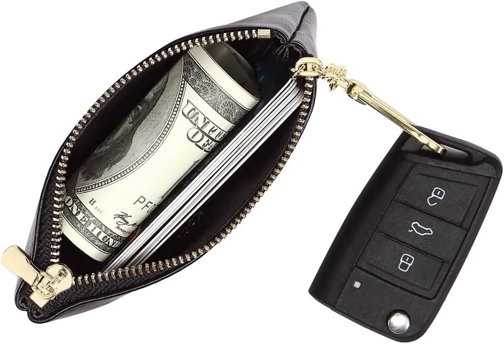 Premium Genuine Full Grain Leather Mini Coin Purse Keychain Pouch Card Holder for Men Women (Black)