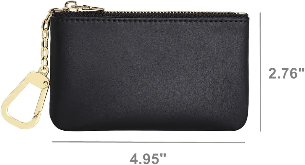 Premium Genuine Full Grain Leather Mini Coin Purse Keychain Pouch Card Holder for Men Women (Black)