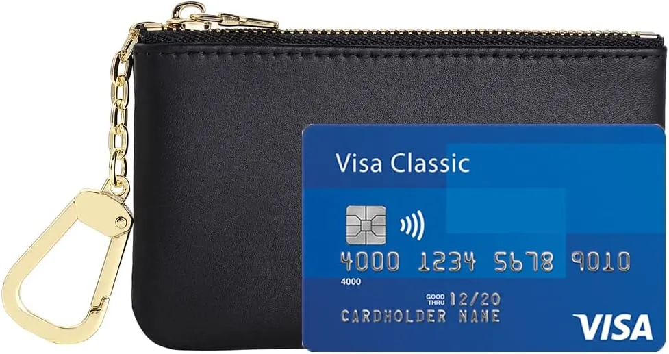 Premium Genuine Full Grain Leather Mini Coin Purse Keychain Pouch Card Holder for Men Women (Black)