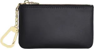 Premium Genuine Full Grain Leather Mini Coin Purse Keychain Pouch Card Holder for Men Women (Black)