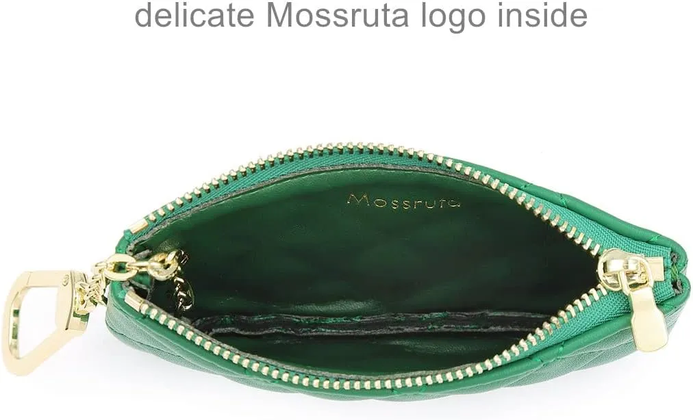 Premium Genuine Full Grain Leather Mini Coin Purse Keychain Pouch Card Holder for Men Women (Green Quilted)