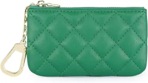 Premium Genuine Full Grain Leather Mini Coin Purse Keychain Pouch Card Holder for Men Women (Green Quilted)