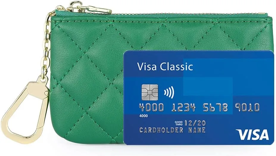 Premium Genuine Full Grain Leather Mini Coin Purse Keychain Pouch Card Holder for Men Women (Green Quilted)