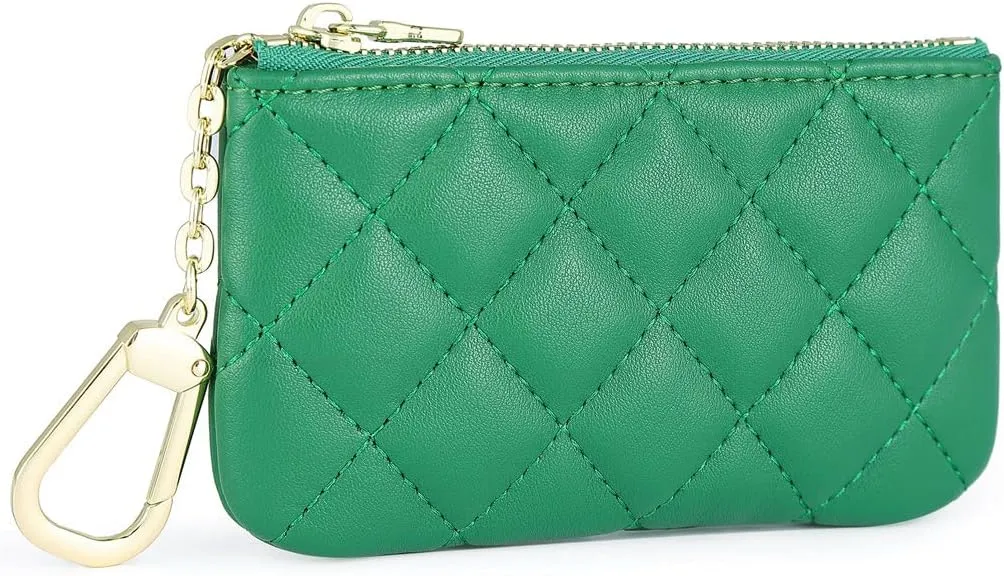Premium Genuine Full Grain Leather Mini Coin Purse Keychain Pouch Card Holder for Men Women (Green Quilted)