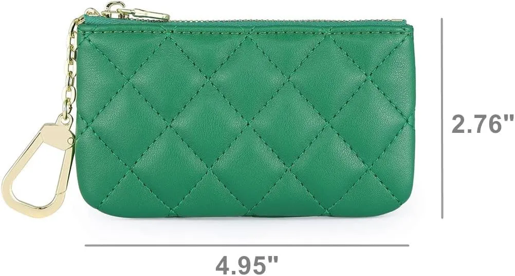 Premium Genuine Full Grain Leather Mini Coin Purse Keychain Pouch Card Holder for Men Women (Green Quilted)
